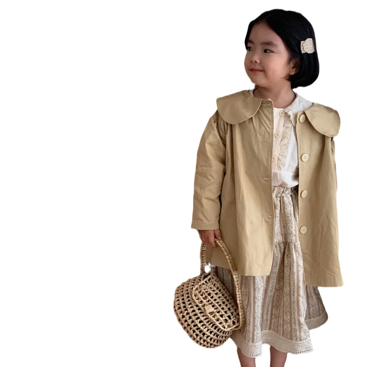 Girls Trench Coats Children Windbreaker Lapel Single-breasted Long Coat