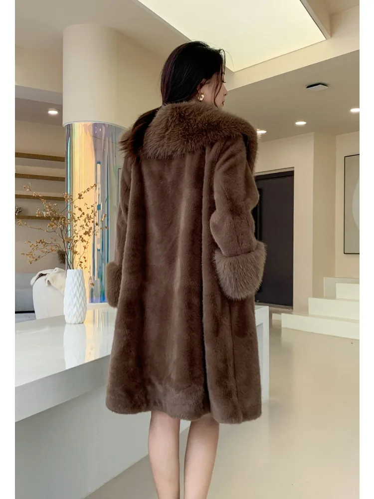 Casaco de pele glamoroso de vison feminino, casaco fino monocromático, gola de camurça, veludo, novo estilo, moda coreana, inverno Y2k