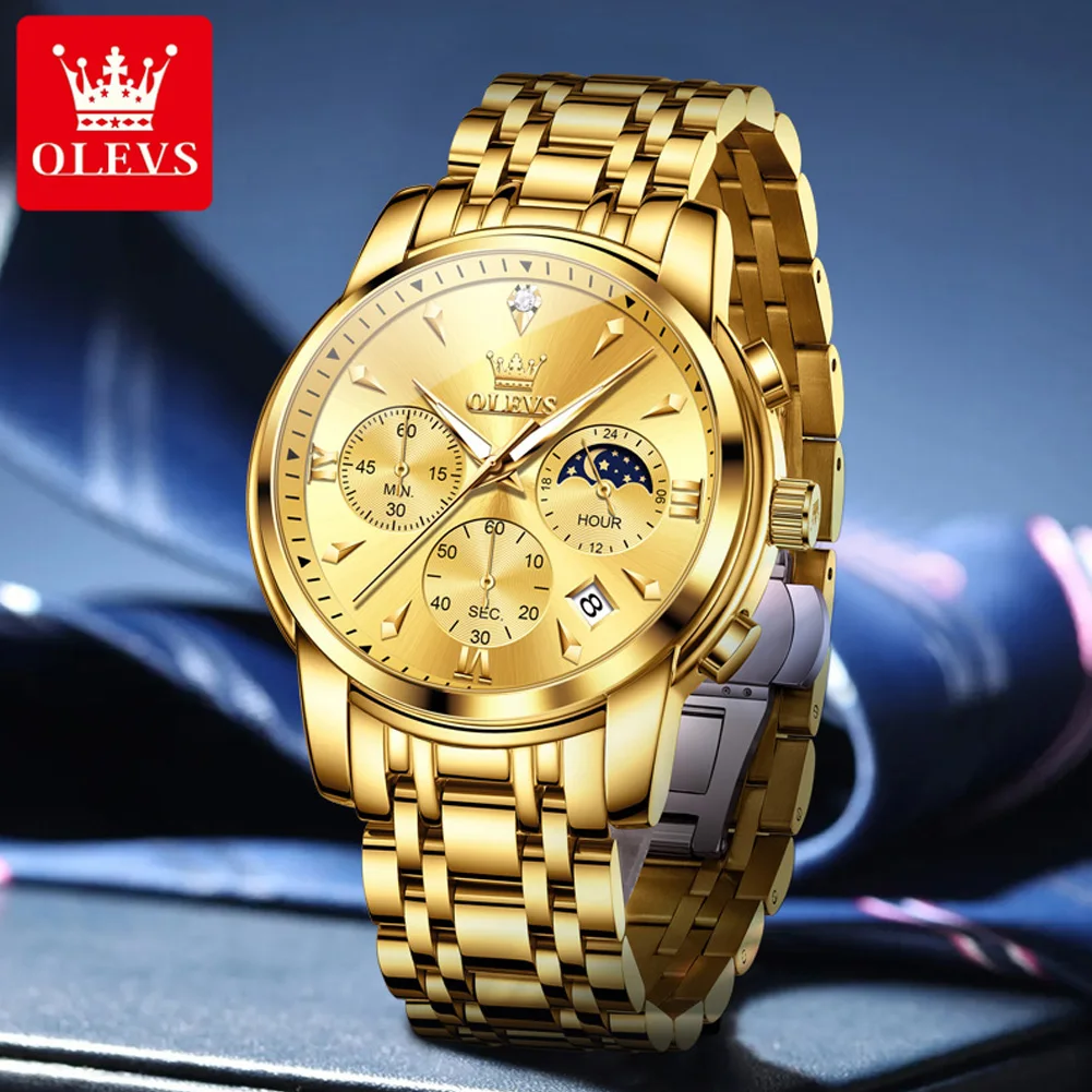 OLEVS 3639 Man Watches Moon Phase Quartz Watch For Men Fashion Chronograph Luxury Wristwatch Waterproof Luminous Date Hand Clock