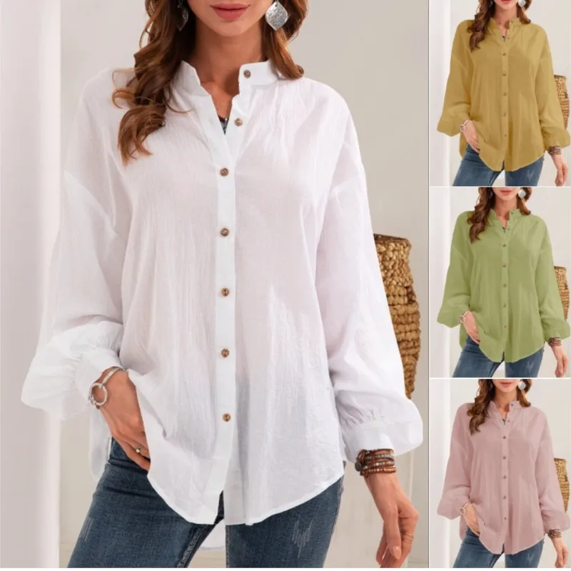 

Women's Shirts New Series 2023 Autumn New Solid Color Casual Long Sleeve Standing Neck Shirt Cotton Hemp Shirt Cardigan Women