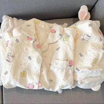 Print Rabbits Cute Kawaii Pajamas Sets for Women Autumn Soft Pijama Sets Sleepwear Long Sleeve Pant Set Female Pyjamas Home Suit 1