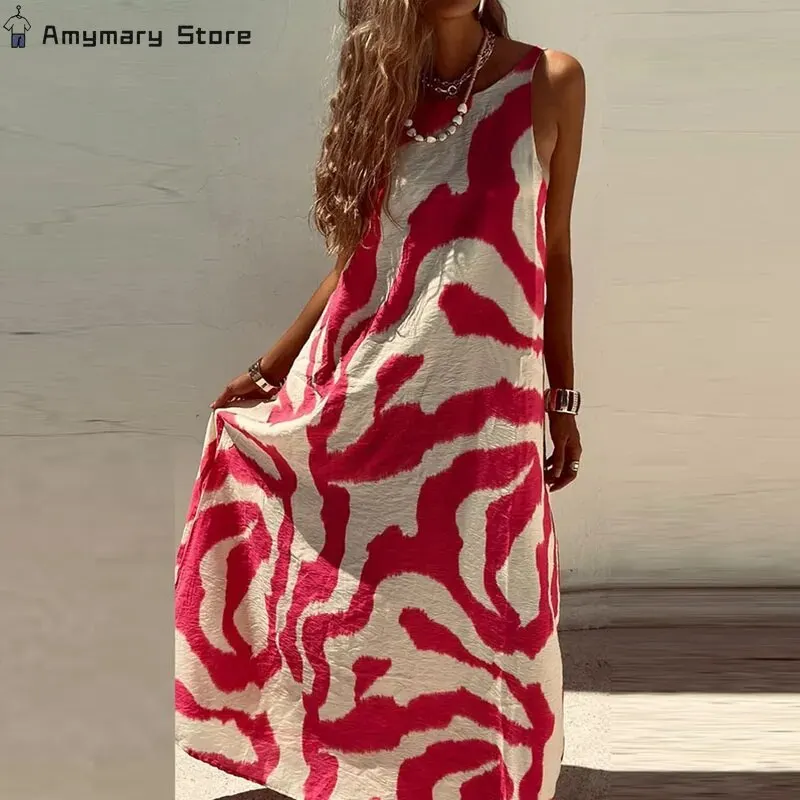 Summer 2024 New Women's Printed Dress Lazy Style Loose Comfortable Sleeveless Maxi Dress Beach Sexy Backless Big Swing Sundress