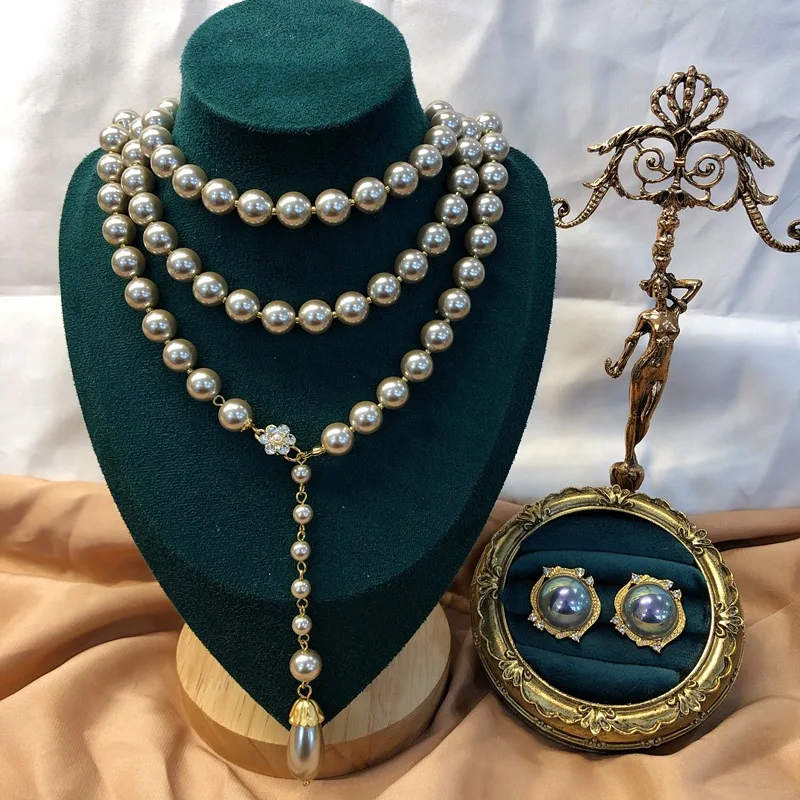 

Europe and America vintage Grey Glazed Pearl Long Necklace, Earstuds