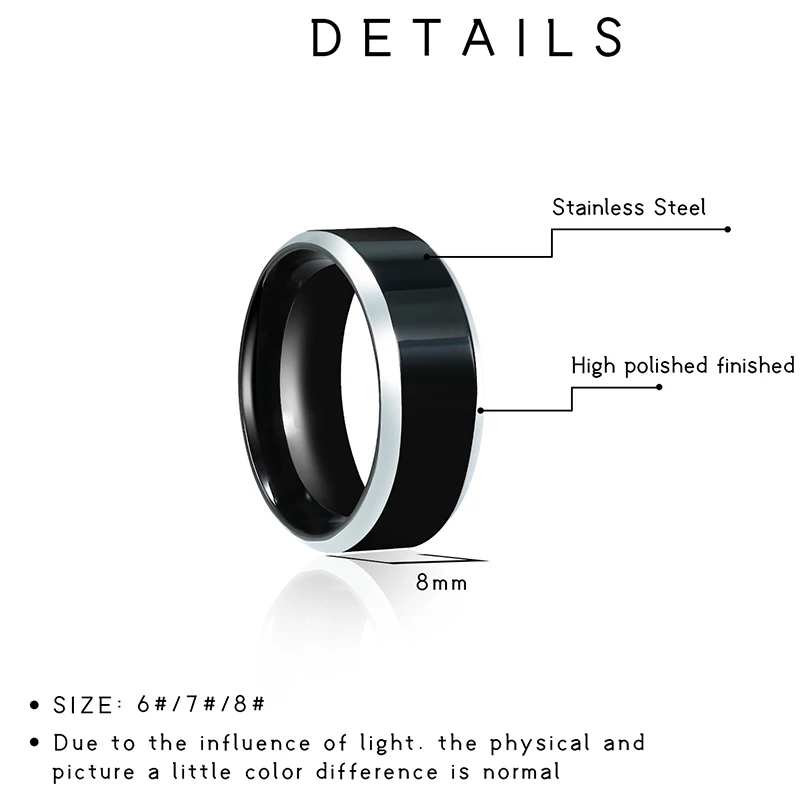 Black Rings Classic Stainless Steel Ring Engagement Wedding Bands For Men Female Couple Black Silver Color Fashion Jewelry 8/6mm 3
