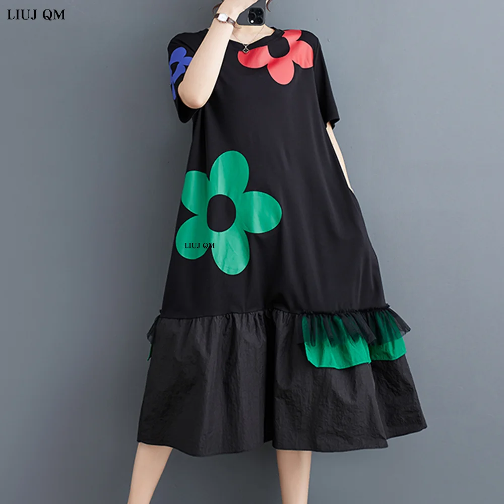 

Round Collar Short Sleeve Printing Flower Loose Waist Robe Dress For Women 2023 New Female Fashion Plus size Dresses