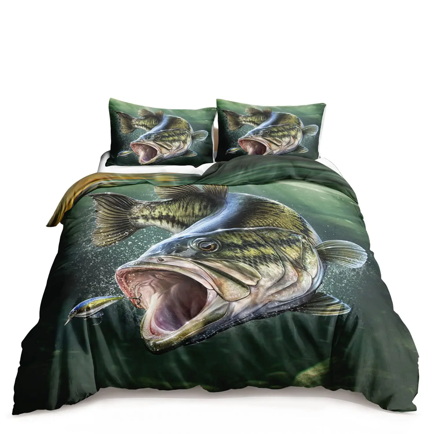 Pike Fish Bedding Striped Bass Big Pattern Hunting and Fishing Themed Duvet  Cover for Kids Boys BedRoom Decorations for Teens