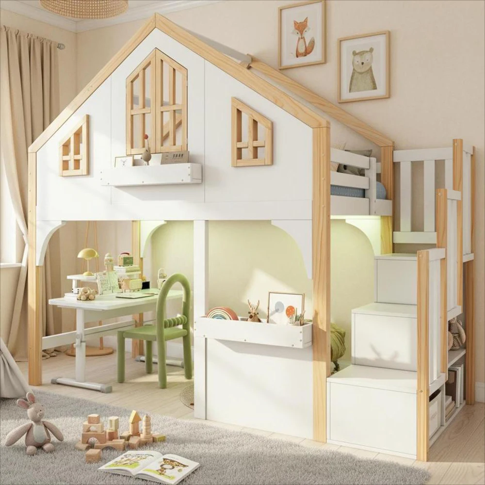 Nordisches 90x200cm Etagenbett in Fensterform mit LED-Beleuchtung & Stauraum-Treppe für Kinder – Fotomöbel – Detail 4