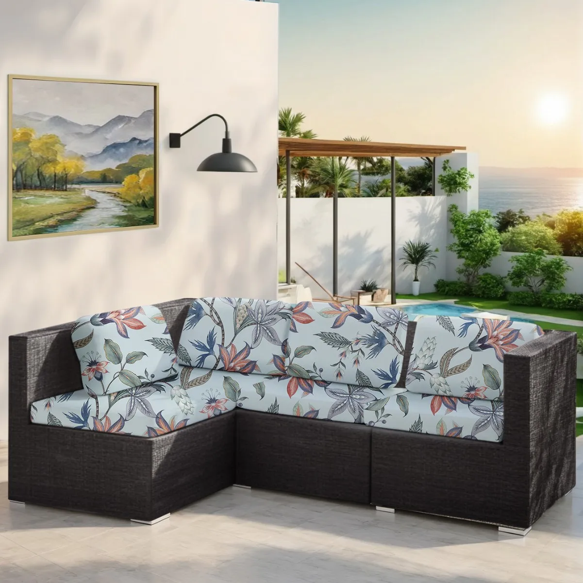 Tropical Leaf Print Waterproof Stretch Outdoor Sofa Covers - Patio Furniture Protectors Slipcovers