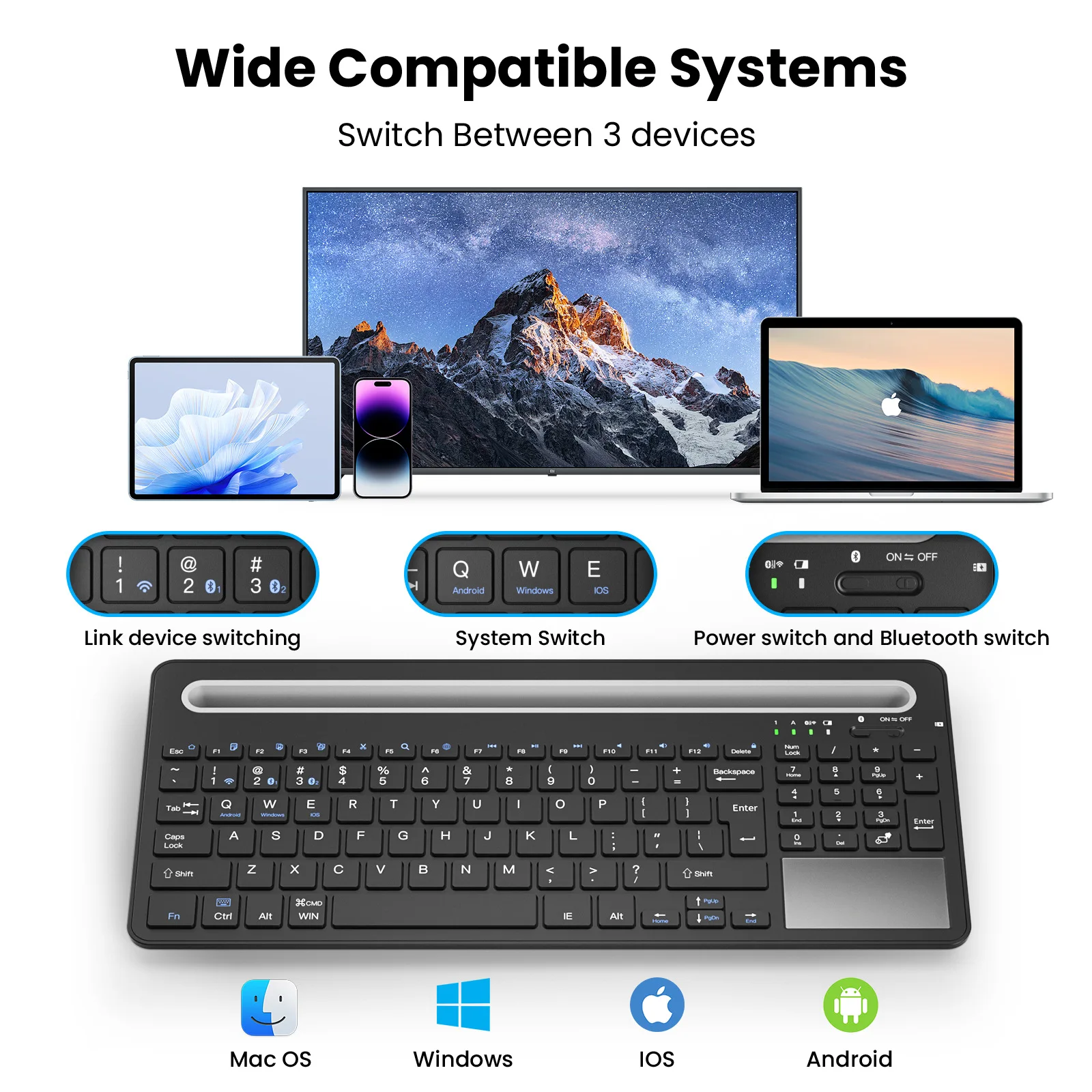 Three-mode bracket, large card slot, Bluetooth 2.4G wireless keyboard with touchpad, suitable for tablet ipad Android Huawei