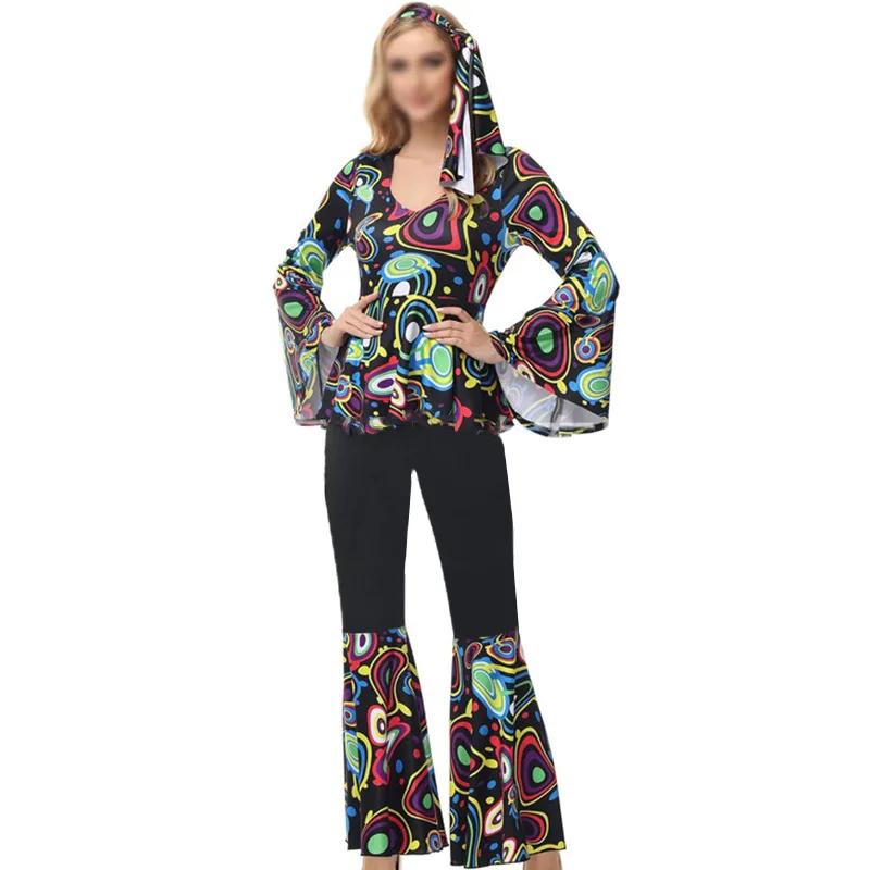 thumbnail image 1 of Traje de discoteca para mujer, disfraz hippie de los años 70, atuendos retro, vestido de baile brillante, pantalón acampanado, atuendo elegante, disfraces de cosplay de Halloween, 1 of 5
