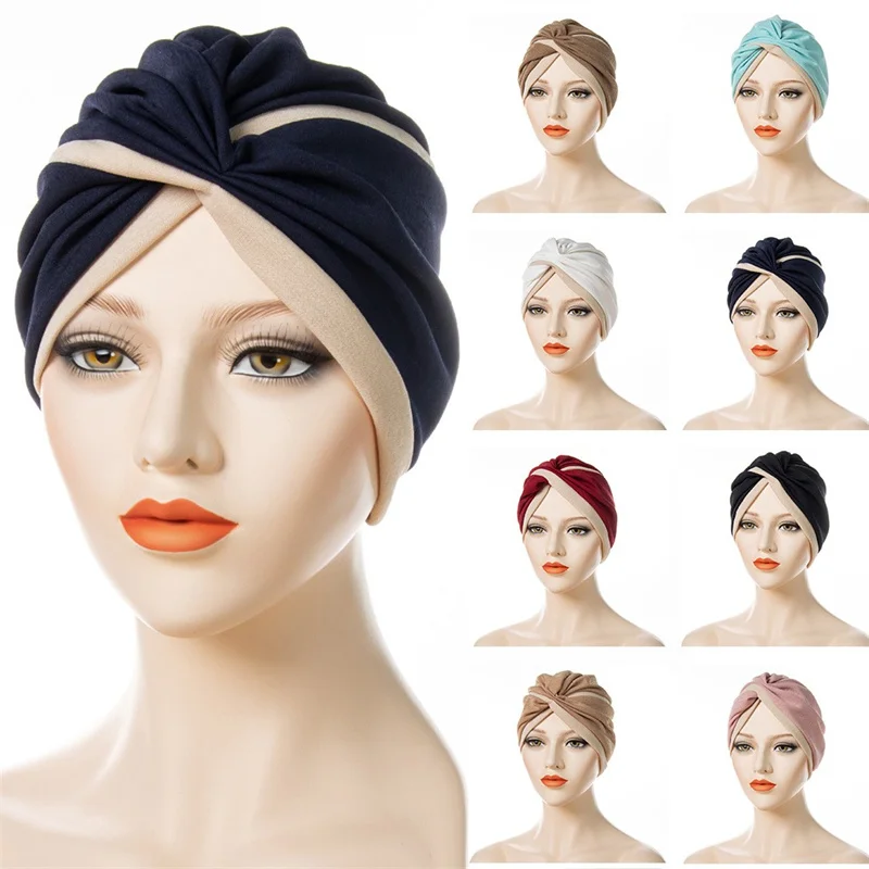 

New Turban Hat Double Color Splicing Forehead Cross Muslim Hijab Hat for women