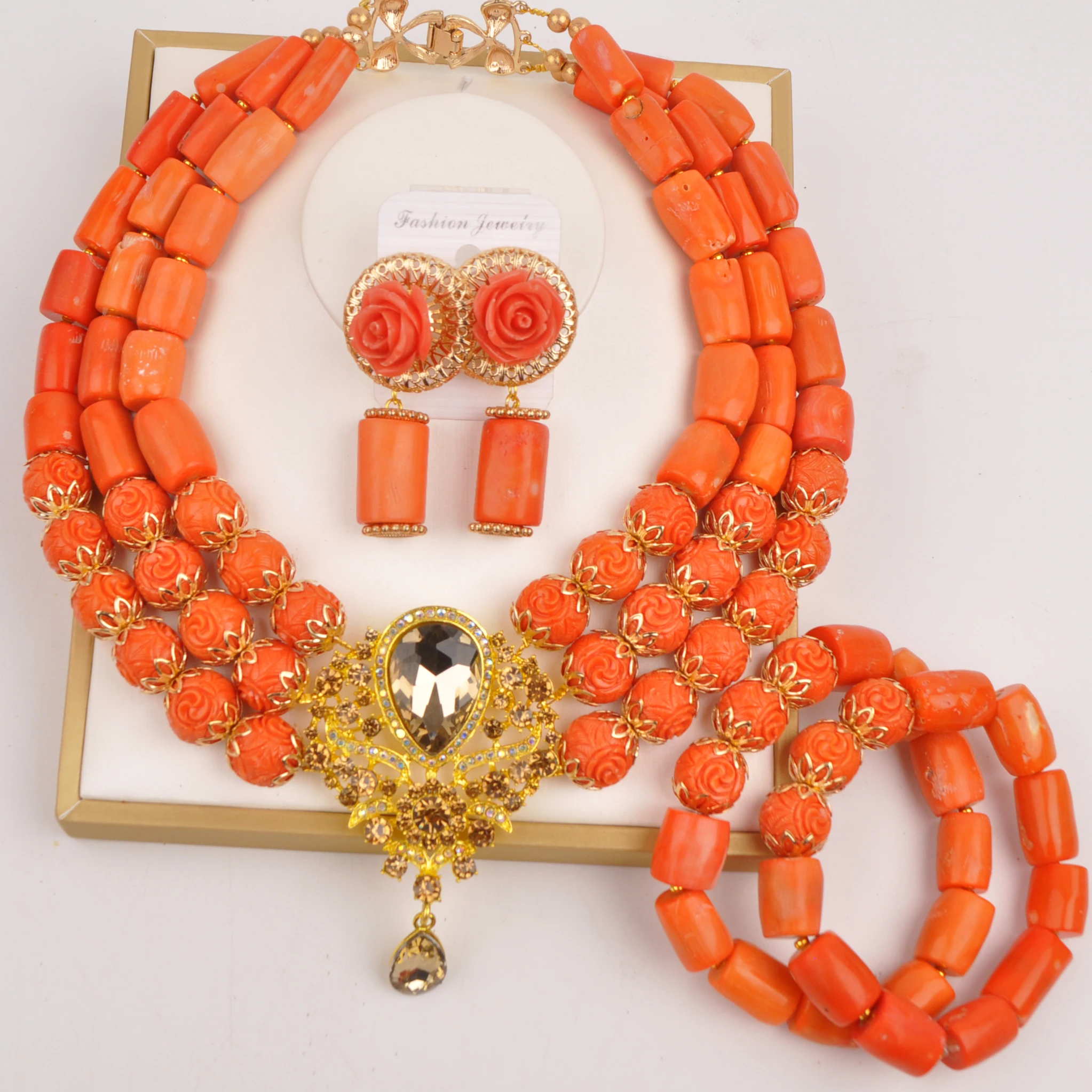 

Fashion 3 Layers Nigerian Orange Coral Jewelry Set for Bride African Wedding Beads