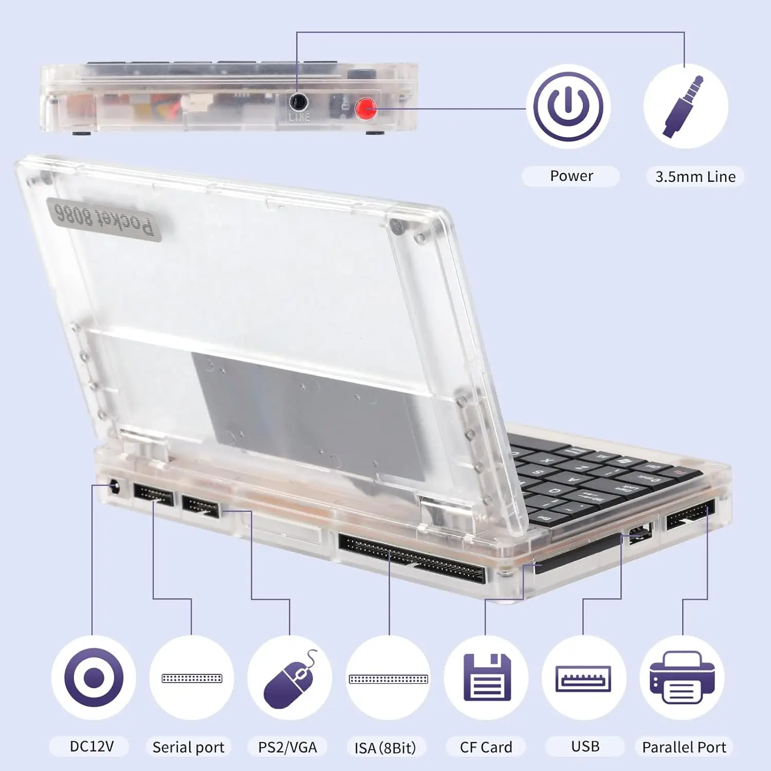 Computador portátil retrô Pocket8086 PC-XT, mini laptop de 6,0 polegadas compatível com sistema MS-DOS Windows 3.0, CPU 8088 8086, 512M CF C