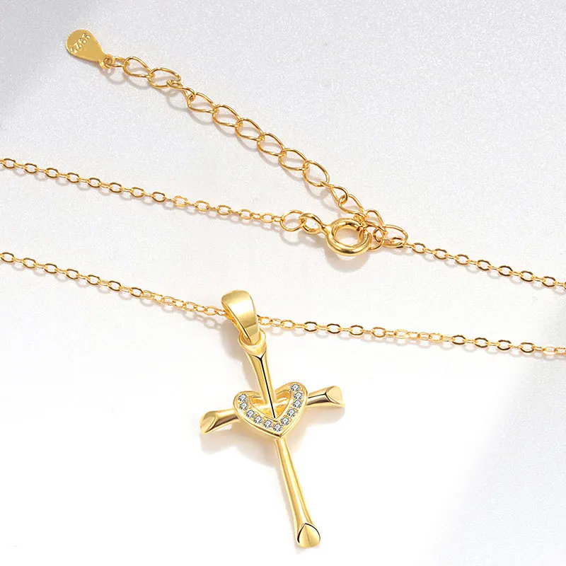 925 Sterling Silver Crystal Love Heart Cross Pendant Necklace for Women Wedding Party Jewelry Gift