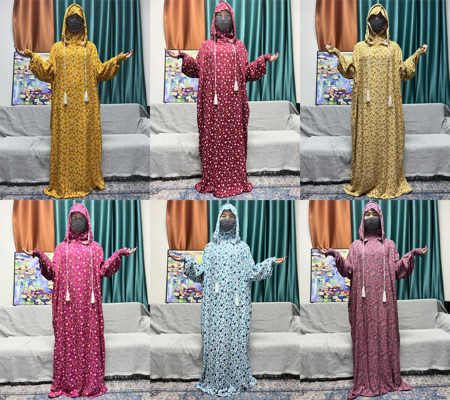 Muslim Sets Abayas For Women's Prayer Garment 2024 Floral Double Layered Hooded Prayer Long Sleeved Robe Traditional Festival