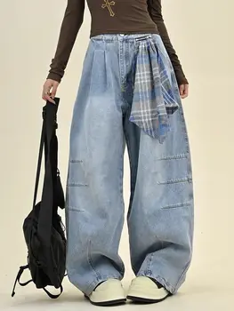 Jeans americani taglie forti per il design autunnale e invernale da donna, silhouette con sciarpa quadrata staccabile, pantaloni larghi a gamba larga 1