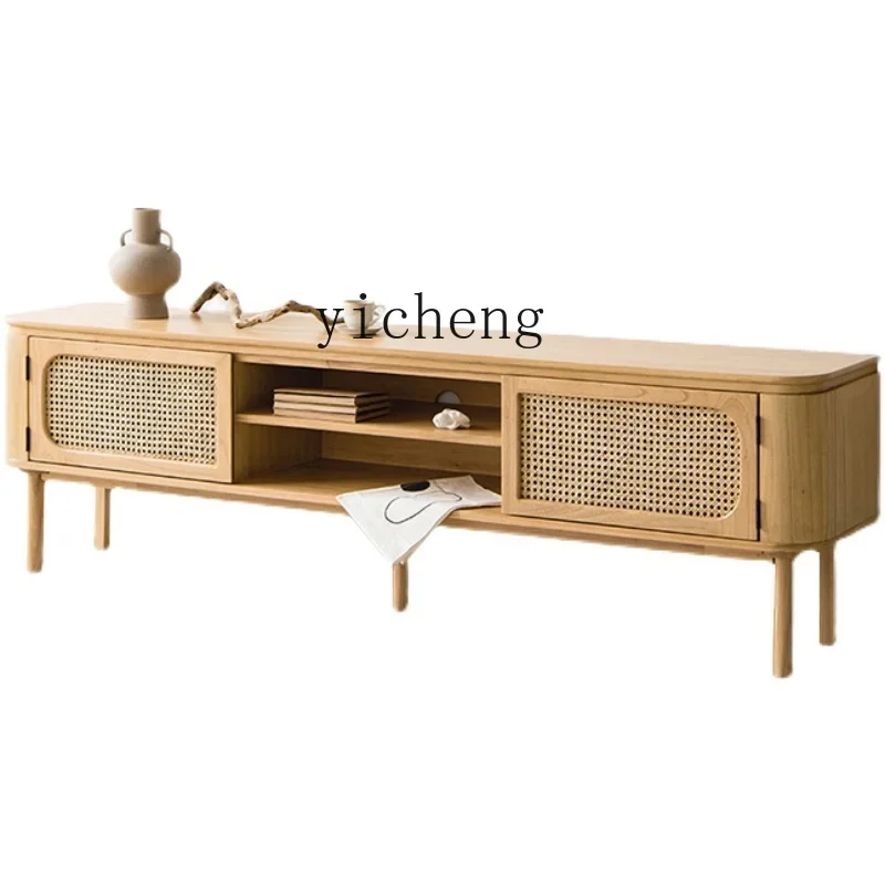 

ZC Solid Wood Rattan TV Cabinet Small Apartment Living Room Retro Floor Cabinet Integrated Wall Log Style Locker