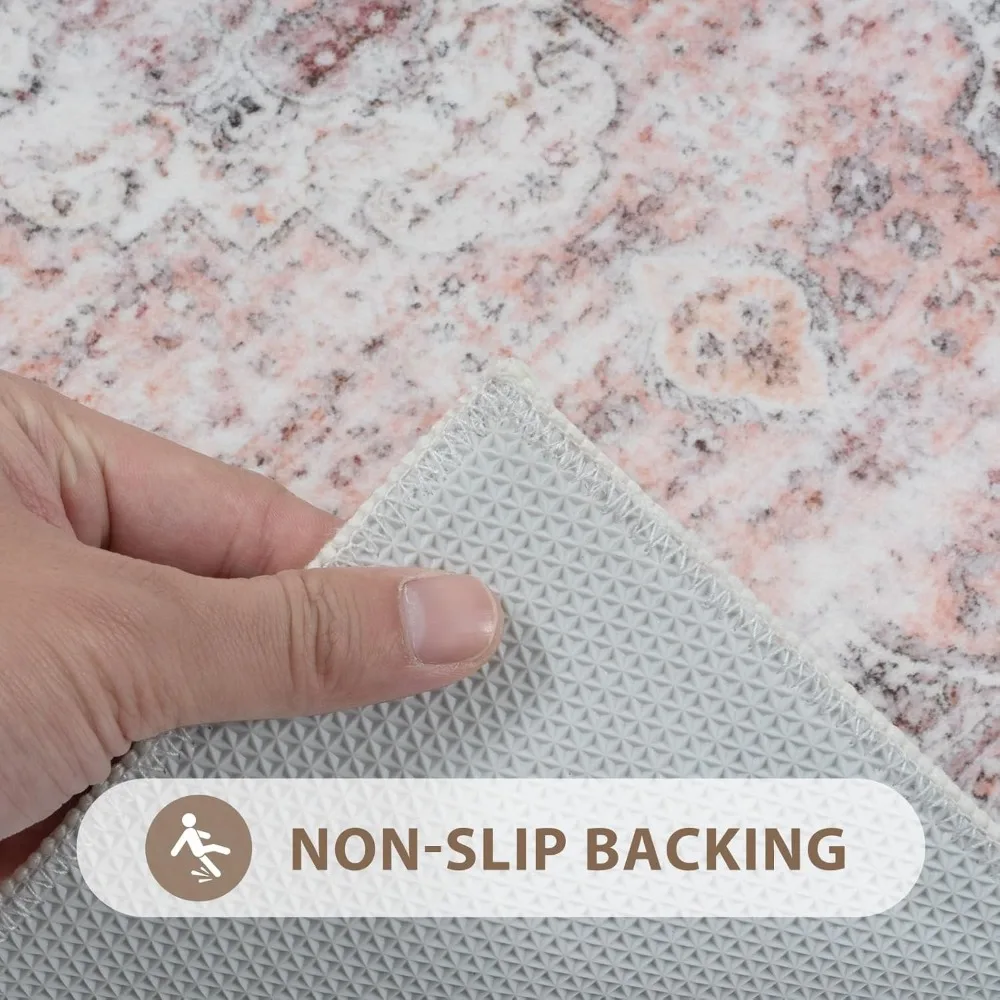 Boho Bathroom Rugs, Distressed Farmhouse Blush Pink Bath Mat, Comfy Velvet Small Bath Rugs Non Slip Washable, Vintage Oriental