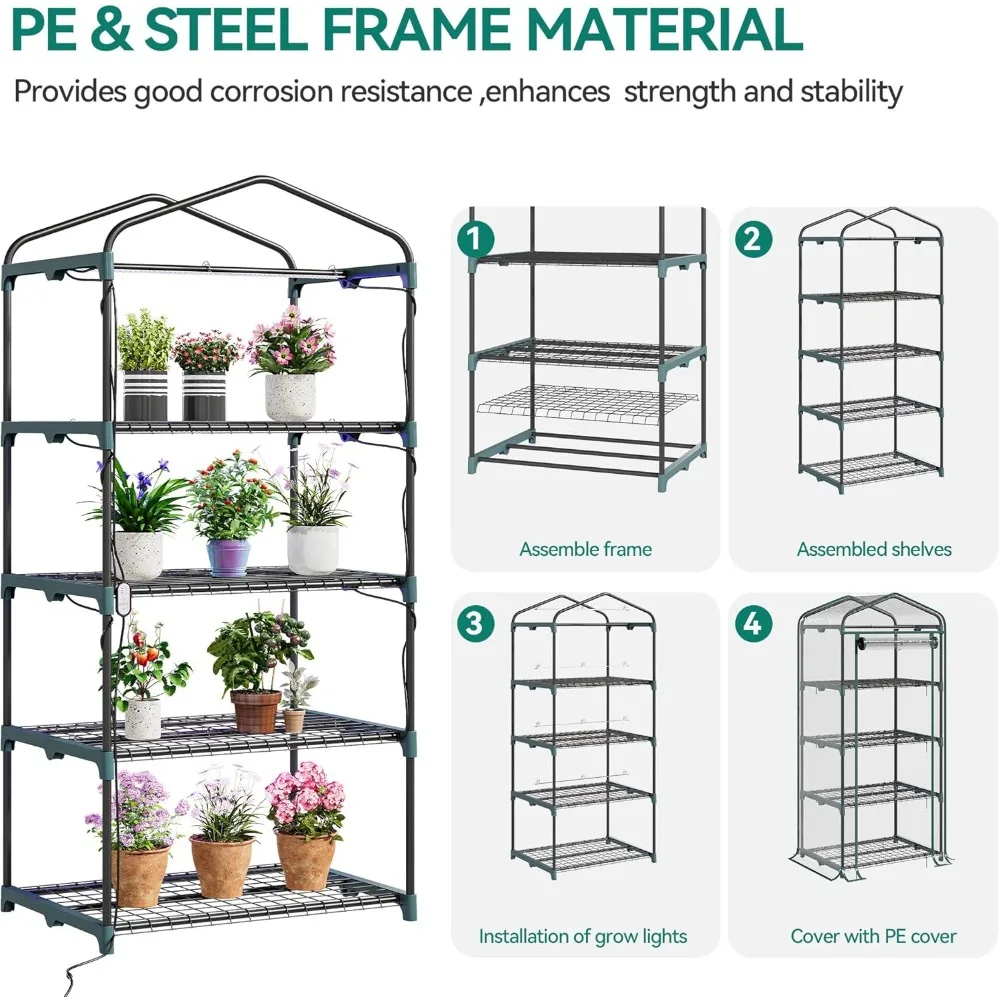 62x27x20 Inch 4-storey Mini Greenhouse, Indoor Greenhouse with Growth Lights, Outdoor Portable Walk-in Greenhouse with Timer 5
