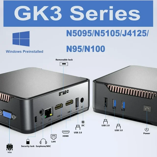 GK3V PRO N5105/N5095/J4125 PLUS N95/N100 Windows 11 PRO мини ПК DDR4 8 Гб 16 Гб 1000 м VGA двойной HD тройной дисплей офисный компьютер 1