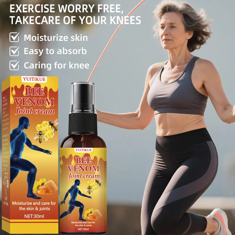 Bee Venom Joint Spray, containing bee venom, collagen, and hyaluronic acid, deeply moisturizes, is lightweight and non-greasy