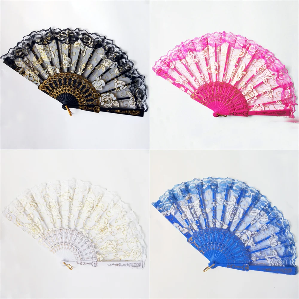 Classic Rose Lace Fan Hand Held Folding Fans Womens Dance Fans Spanish Flamenco Wedding Party Summer Accessories Gift