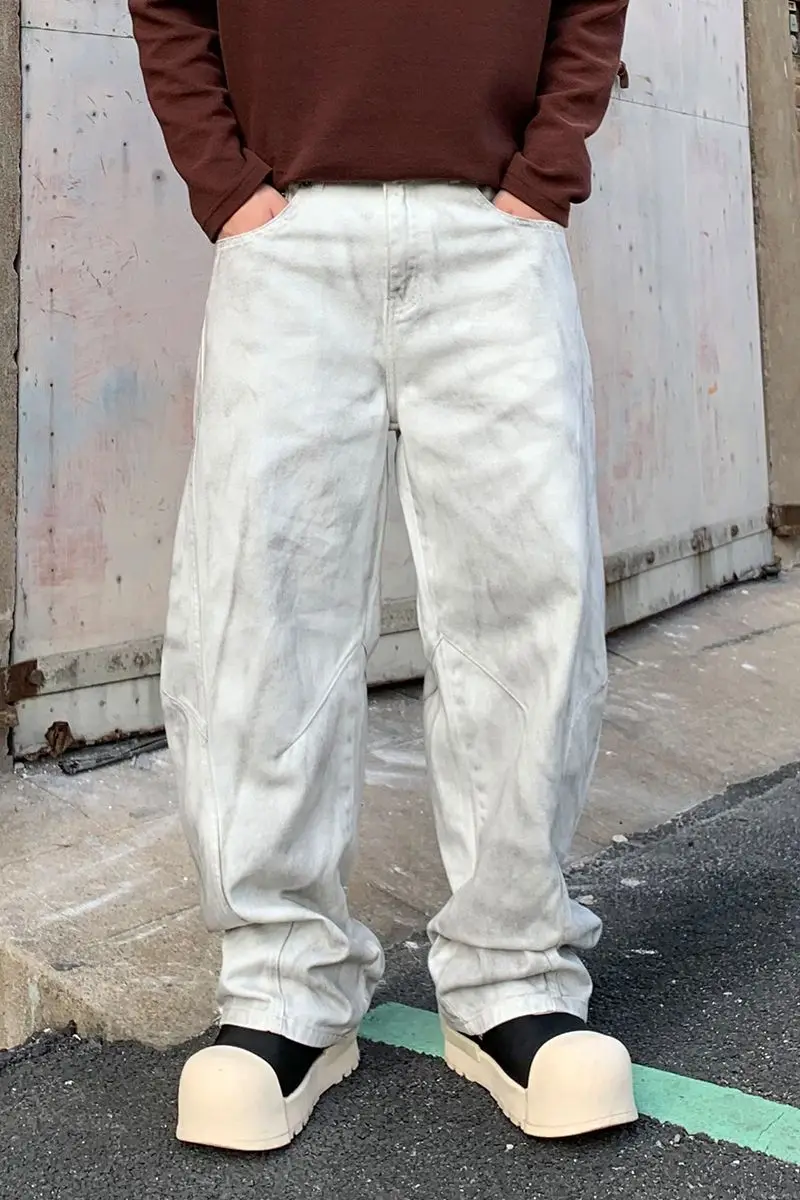 Loosen Wide Leg White Pants Men Hand-painted Spliced Denim Bottoms Man's Fall New Baggy Jeans 2