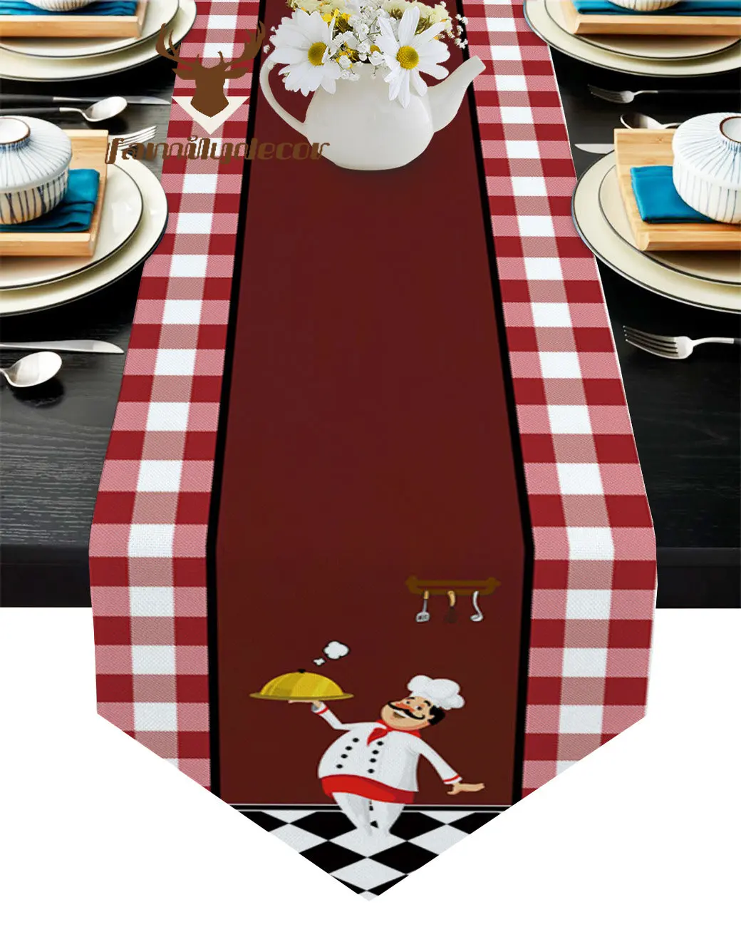 Plaid Chef Gourmet Knife Fork Kitchen Table Runners With Mats Dinning