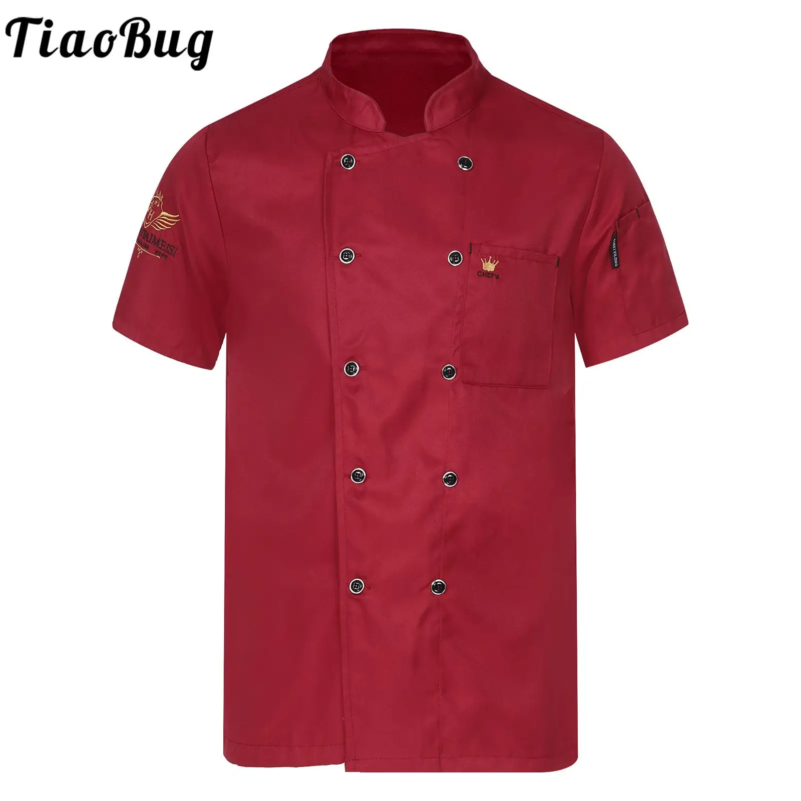 Mems Womens Embroidery Short Sleeve Chef Coat Jacket Stand Collar Double-Breasted Kitchen Cook Uniform with Pockets