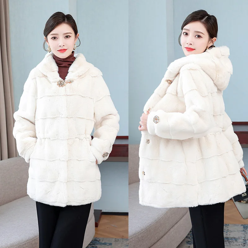 Mink Fleece Jacket Women Imitation Fur Medium Long Hooded Rhinestone Waist Fashion Coat