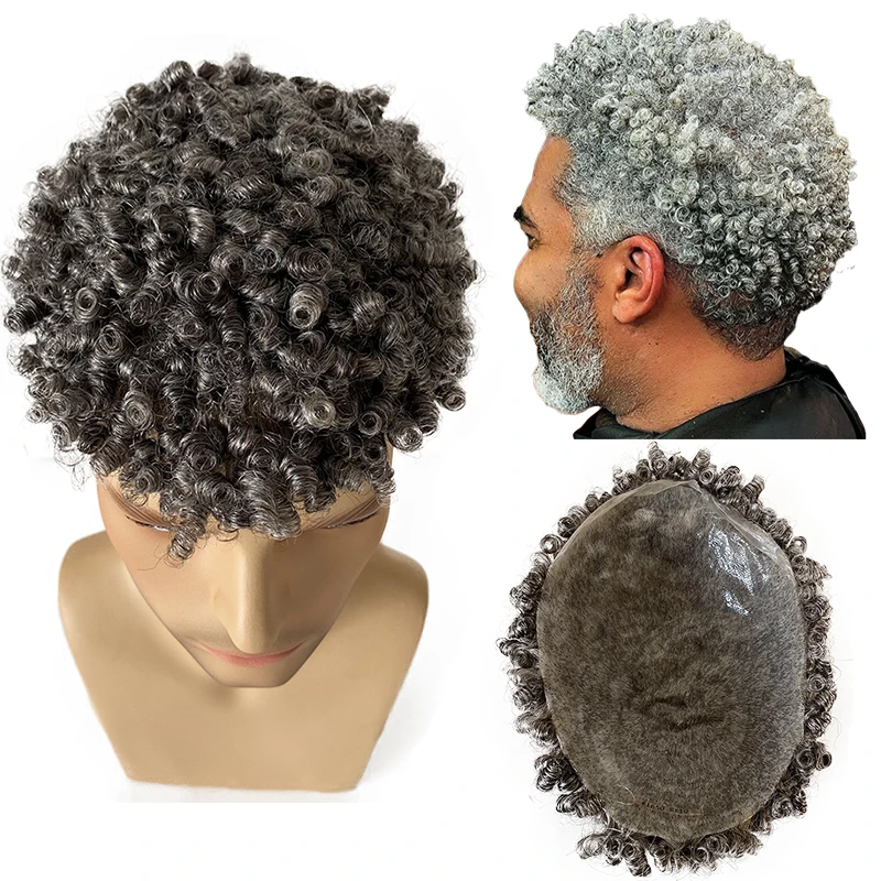 

Brazilian Virgin Human Hair Replacement 10mm curl #1b50 Grey Skin Knots PU Toupee 8x10 Male Unit for Old Black Men