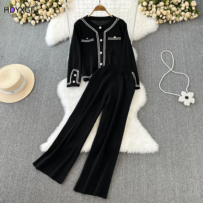 

Spring Elegant Pocket Long Sleeves Knitted Cardigan+elastic High Waist Wide Leg Pant Korean Office Womens 2 Piece Outfit Set New