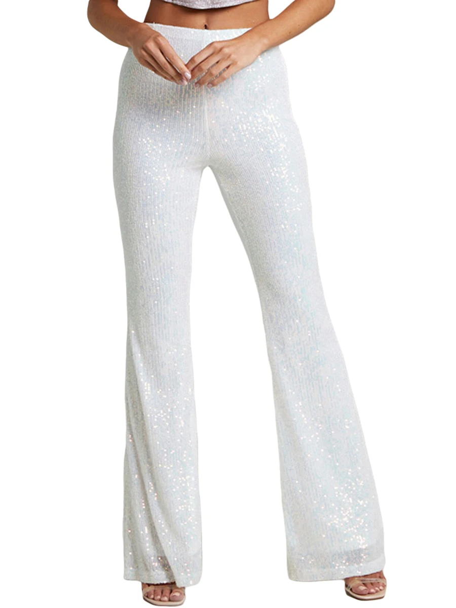 

Women High Waist Sequin Flared Pants Solid Color Elastic Band Skinny Trousers Y2k Casual Slim Fit Shiny Bell Bottoms