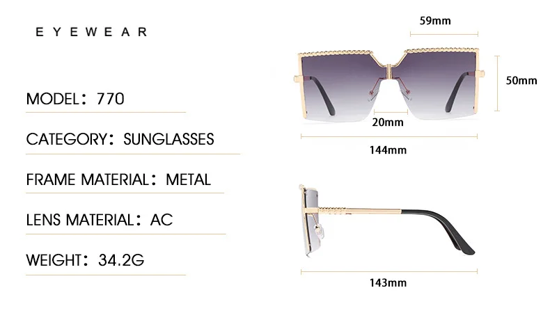 Übergroße Quadratische Sonnenbrille Frauen Männer Luxus Marke Vintage Metall Rahmen Sonnenbrille Driving Shades Reise Brillen Weibliche UV400 – Detail 6