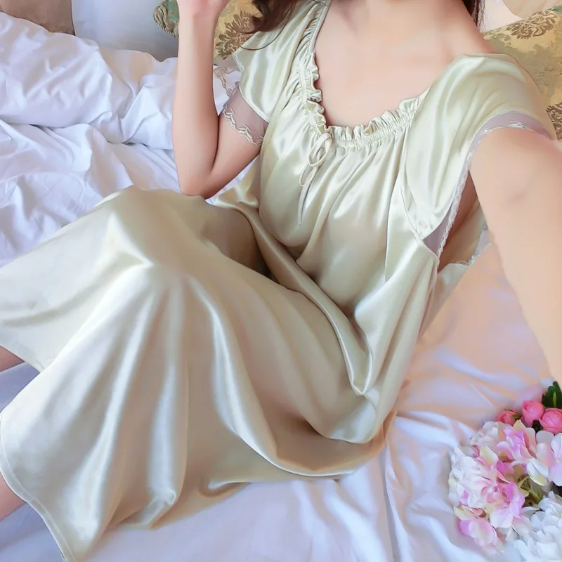 Ice Silk Lace Long Sleepwear V-neck Sleepwear Set Nightdress Homewear Nightwear Pyjamas Female Nightgown Loose Plus Size