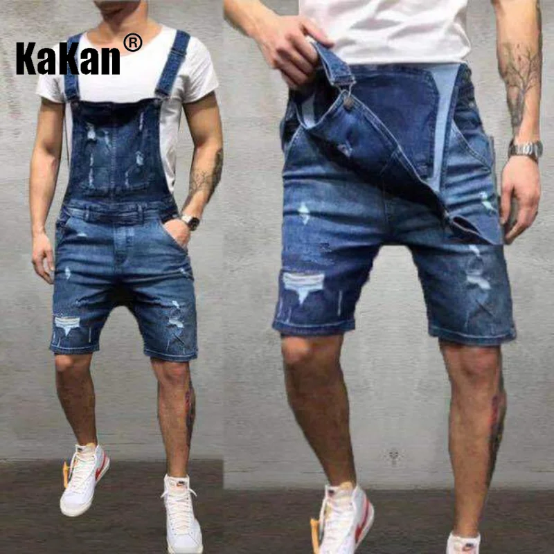 Kakan - European and American New Strap Tear Denim Shorts Men's Wear, Youth Popular Weary Strap Short Jumpsuit K34-402