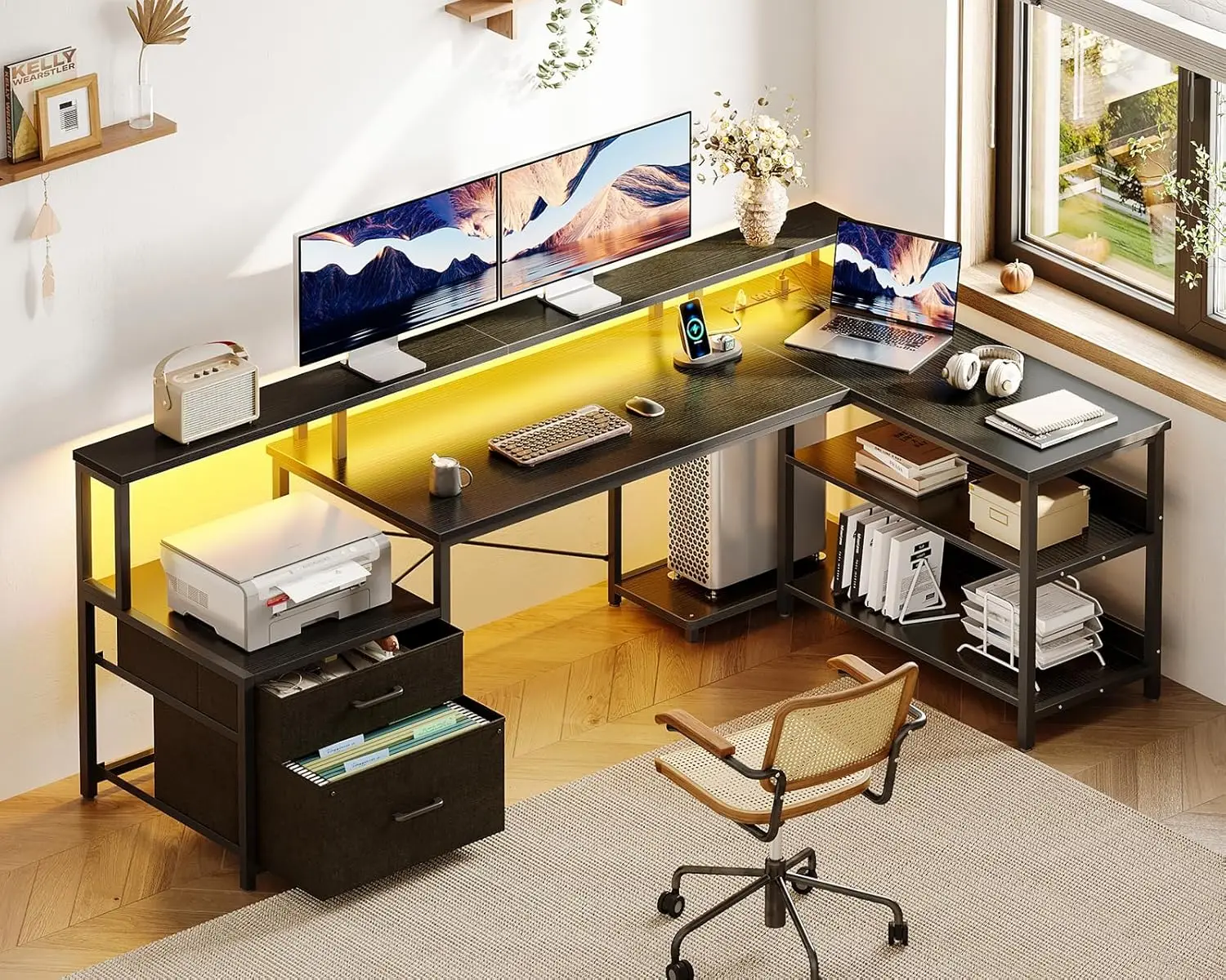"66-inch reversible l-shaped desk with file storage and built-in power outlet"