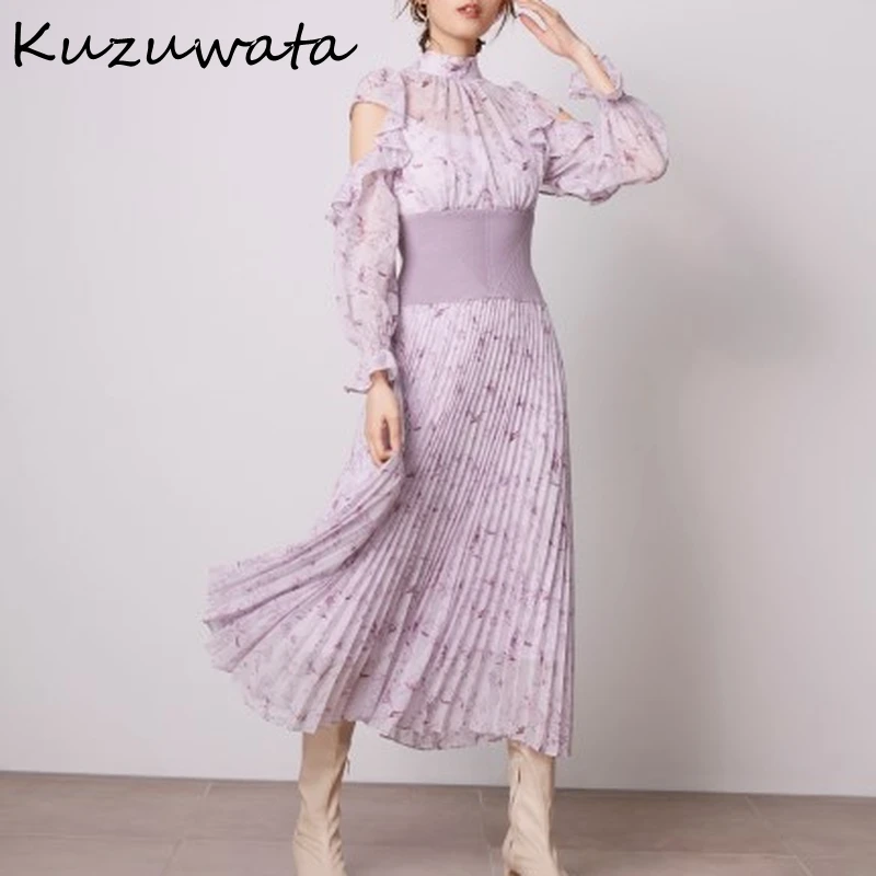 Kuzuwata Autumn New Vestidos Stand Collar Off Shoulder Flying Sleeves Threaded Slim Waist Pleated Print Dresses Sweet Women Robe