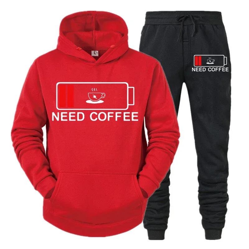 thumbnail image 1 of Conjunto de 2 piezas de sudadera y pantalón divertidos para hombre con estampado "Need Coffee" de manga larga con capucha y patrón de batería baja, ropa deportiva, 1 of 5