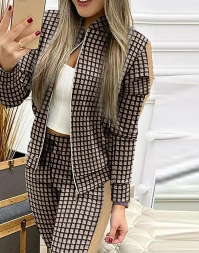 Suit Winter Spring Casual Tracksuit 2 Pieces Set Sports Sweatshirts  Plaid Print Zip Up Jacket Drawstring Pants Set