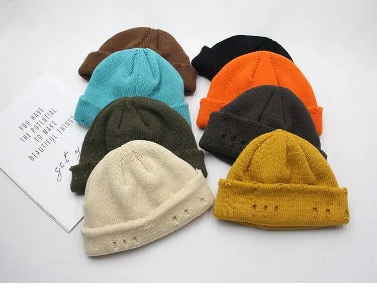 Winter mütze Frauen Harajuku gestrickte Mützen Mode warme Mützen Herbst Hip Hop Motorhaube Loch Schädel Unisex Basic Cap – Detail 18