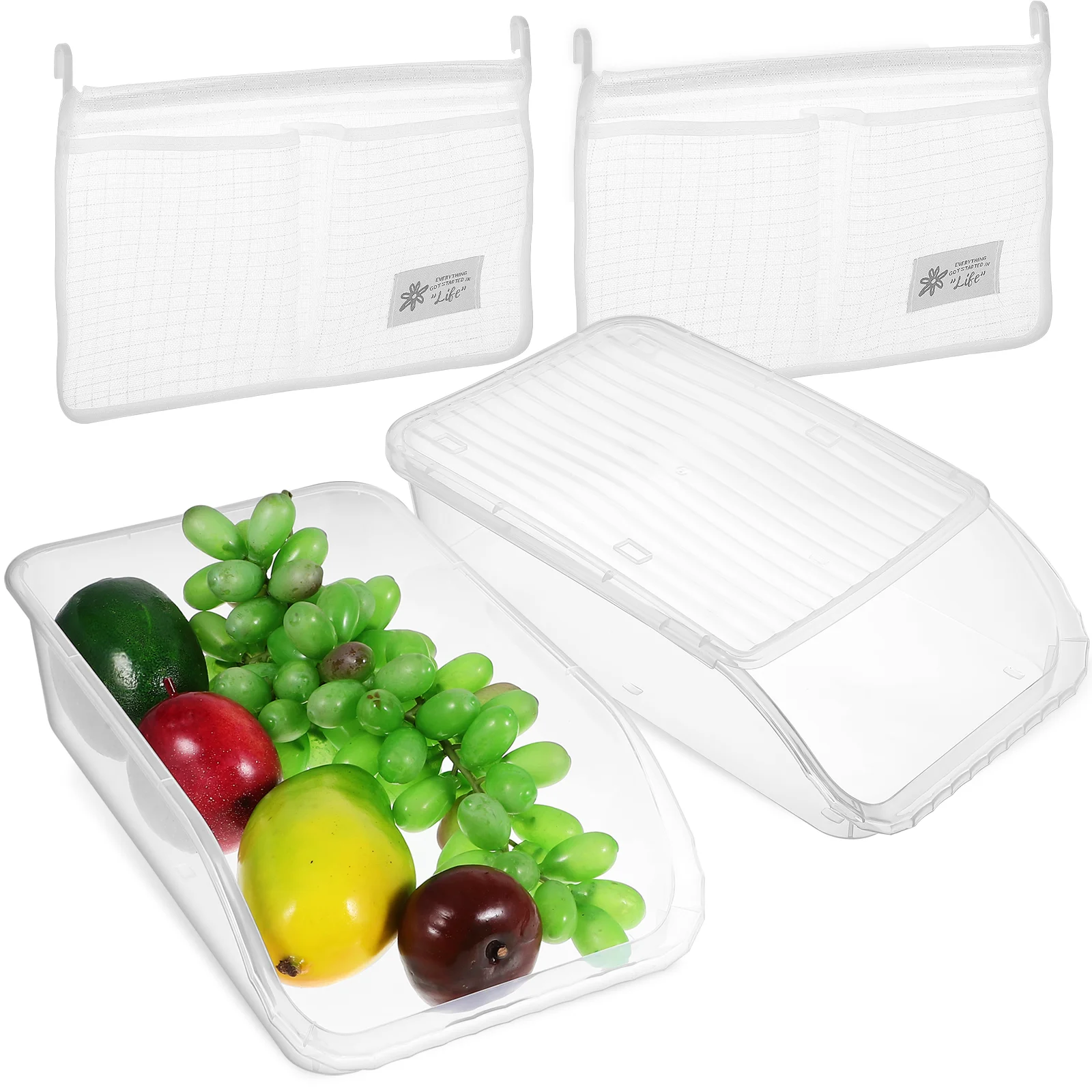 2Pcs Refrigerator Storage Boxes with Lid Kitchen Organizer Food Storage Container and 2 Mesh Bags