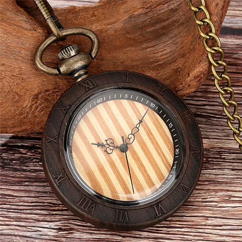 Handmade Sandalwood Pocket Watch Round Shape Carved Roman Number Case Unisex Wooden Quartz Analog Watches with Pendant Chain