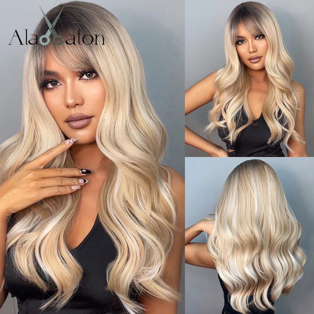 

ALAN EATON Highlights Blonde Hair Long Water Wave Synthetic Wigs with Bangs for Women Ombre Golden Wigs Heat Resistant Fiber