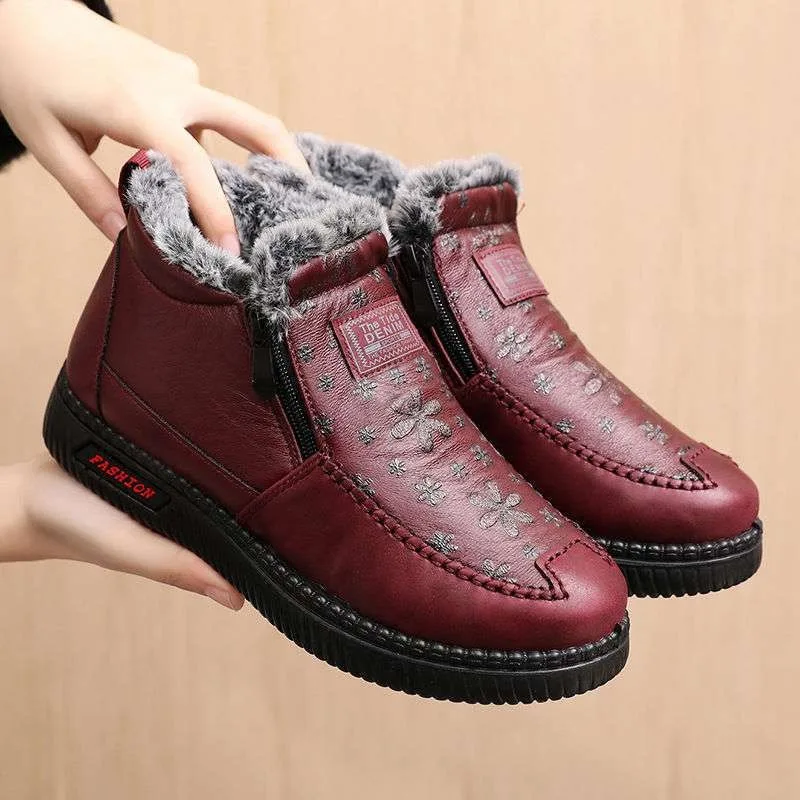 Red Winter Snow Boots Women Shoes Warm Plush Fur Ankle Boots Winter Female Slip On Flat Casual Shoes Waterproof Women Sneakers