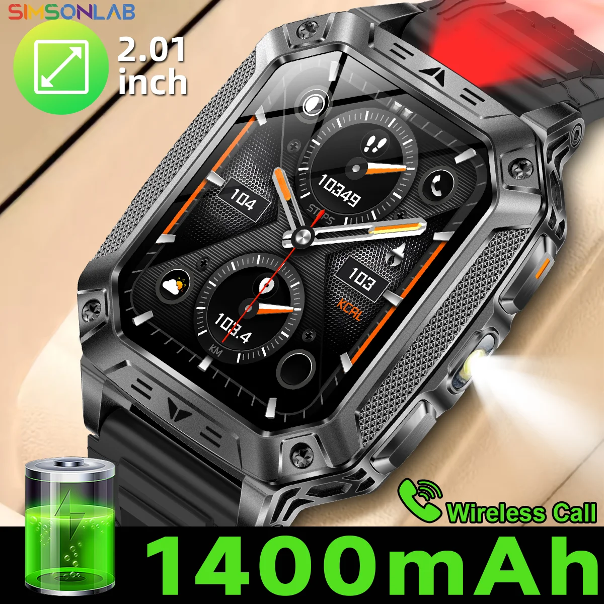 Smartwatch Militare 2026 con Schermo a Colori da 2.01'' per Sport all'Aperto, Orologio da Uomo con Allarme SOS Rosso, Torcia Lampeggiante, Monitoraggio della Salute, IP68