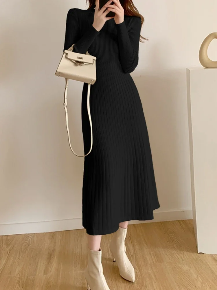 Autumn Winter 2024 Slim Long Sleeve Party Midi Dress for Women Knitted Half High Collar Elegant Knitted Sweater Dresses Ladies 5