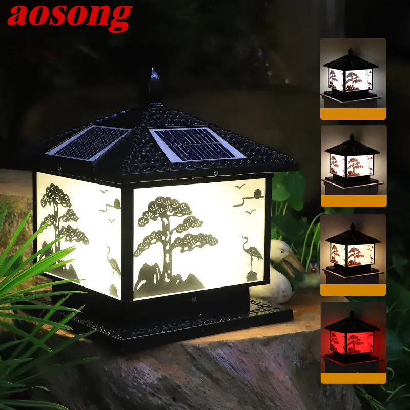 AOSONG Solar Post Lamp Outdoor Vintage Pine Crane Decor Pillar Light LED Waterproof IP65 for Home Courtyard Porch sg pine forest 2401 rtr 1 24 2 4g 4wd rc car mini crawler led light alloy shell off road truck white