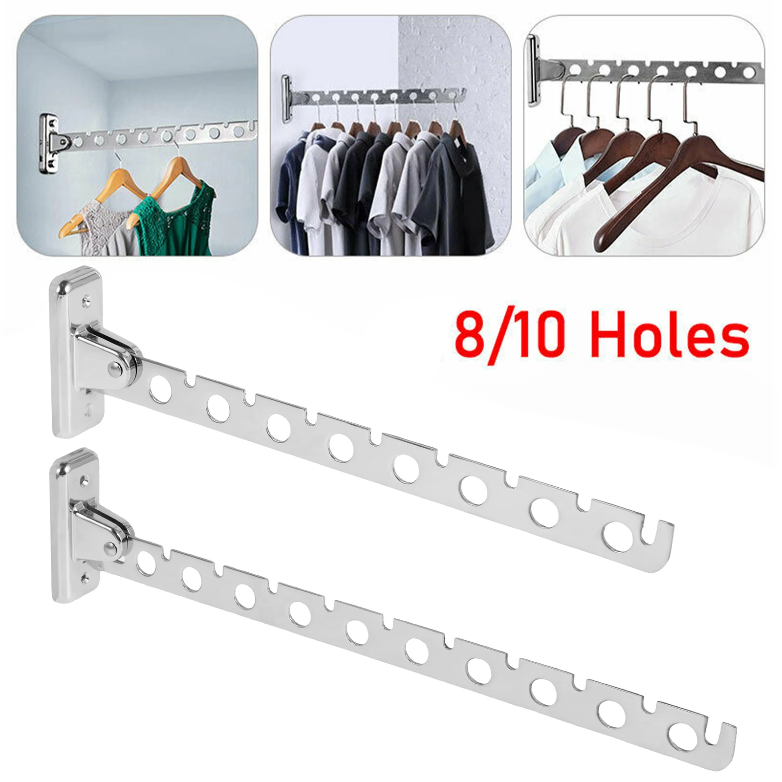 Stainless Steel Clothes Rack Hook 8/10 Holes Foldable Clothes Hanging Rod Multi-Purpose Drying Rack for Closet Storage