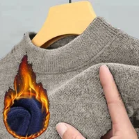 Thickened Fleece round Neck Men's Sweater Warm Winter Base Shirt Fashionable Solid Color One-Piece Velvet Men's Casual Wear